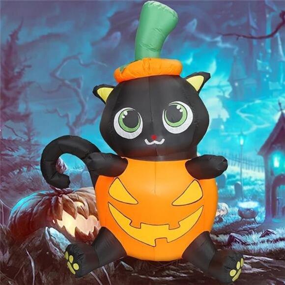 5FT Halloween Inflatable Black Cat in Pumpkin with Build-in  5FT Halloween Inflatable Black Cat in Pumpkin with Build-in LED Lights, Blow up
